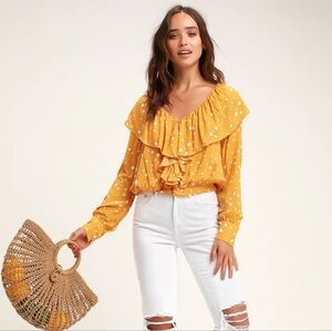 Lulus Mustard Yellow Polka Dot Cropped Blouse, Size S, New With Tags